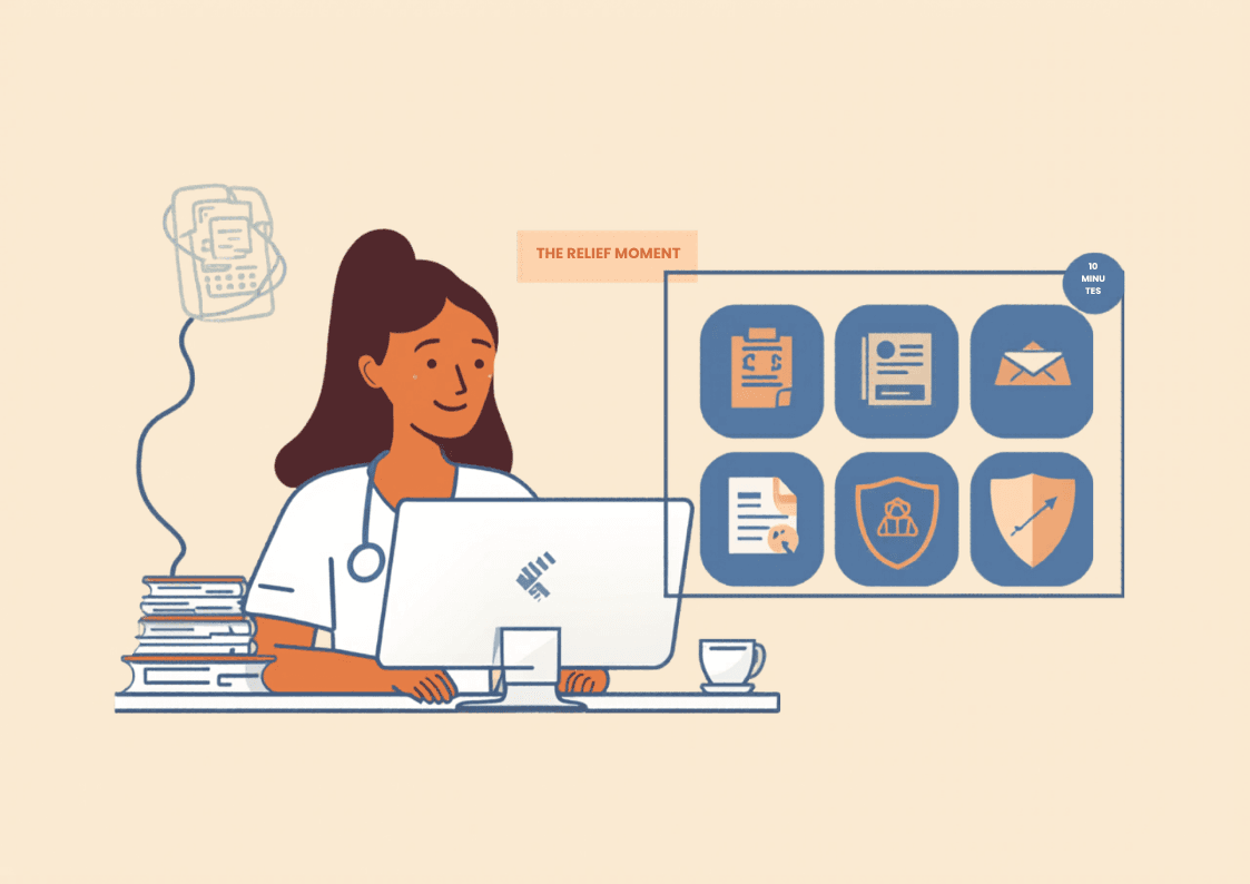 Illustration of eight medical billing agent skills arranged in a grid, framed by a governance shield with audit-trail connecting lines and a human-in-the-loop reviewer.