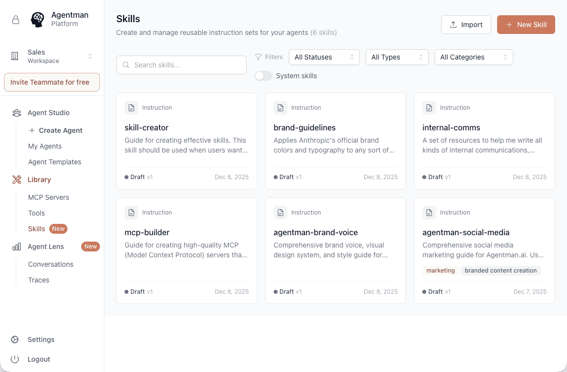 Agentman Skills Library showing skill-creator, brand-guidelines, internal-comms, mcp-builder, and other reusable skills