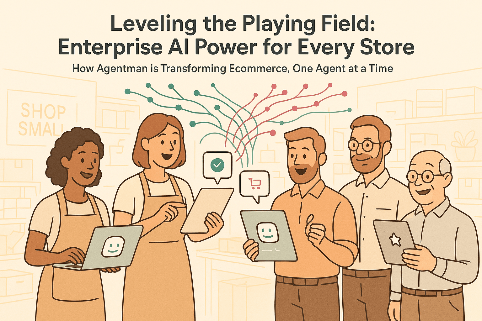 Illustration of AI agents helping small ecommerce stores compete with enterprise retailers