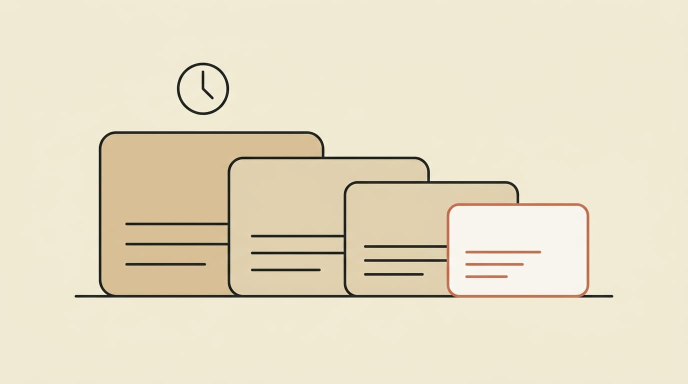 Four insurance cards in a row of increasing size representing rising cost per eligibility check, from a small terracotta-outlined card for an automated check to a large tan card for a manual phone call, with a clock icon above the largest.