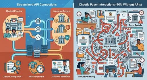 Flat illustration showing two paths from a medical practice — one through clean API connections and another through messy browser portals — with a desktop application bridging both