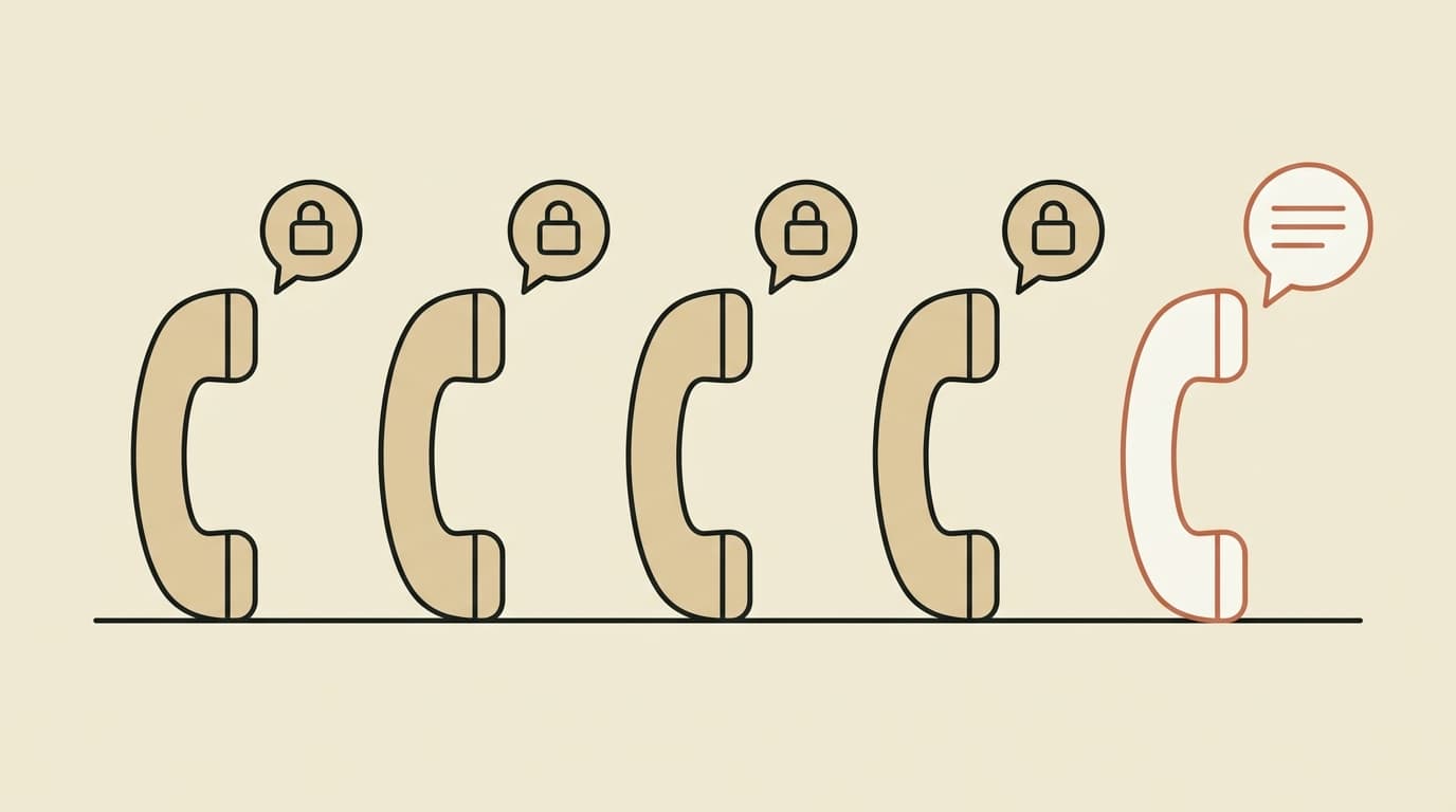 Five telephone handsets in a row. Four tan handsets each have a speech bubble containing a closed padlock; the fifth, outlined in terracotta, has a speech bubble showing visible price lines — the four healthcare voice AI vendors that quote privately beside the one that publishes its rate.