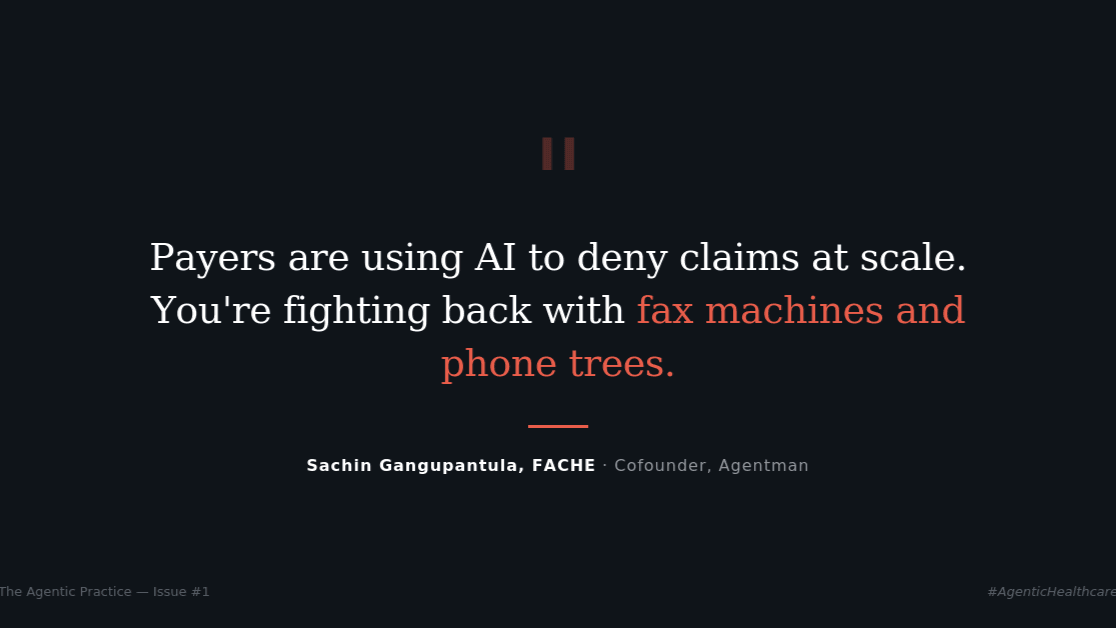 Infographic illustrating the five-front squeeze on independent medical practices — collapsing reimbursement, administrative burden, AI-powered denials, staff burnout, and fragmented technology