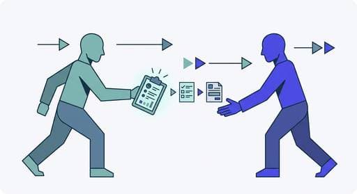 Flat geometric illustration of a relay race baton pass representing the handoff from ambient AI clinical documentation to agentic AI administrative execution in healthcare