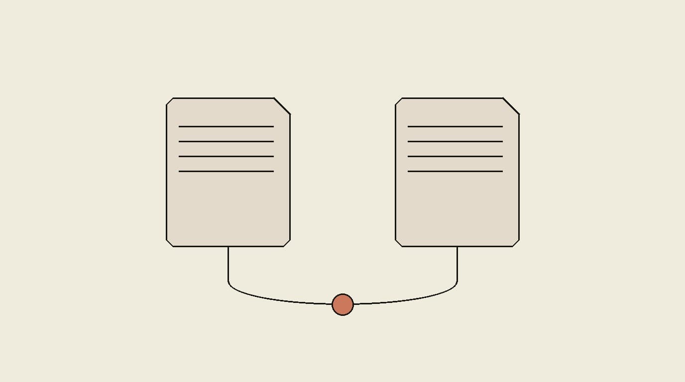 Two tan documents with folded corners sit side by side, joined beneath by a single thin charcoal line that loops from one to the other and back, with a small terracotta circle at the loop's midpoint — two separate pages describing one underlying event.