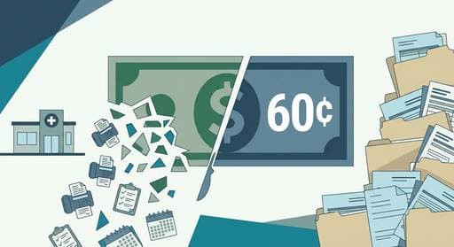 Flat design illustration showing a dollar bill split into 60 cents and 40 cents, representing the revenue gap in independent medical practice billing