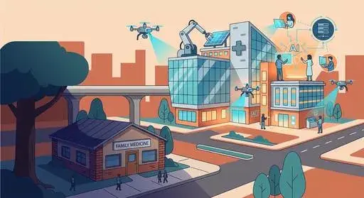 Flat illustration showing a large hospital surrounded by AI technology while a small family medicine clinic is left in shadow, representing the gap in healthcare AI adoption