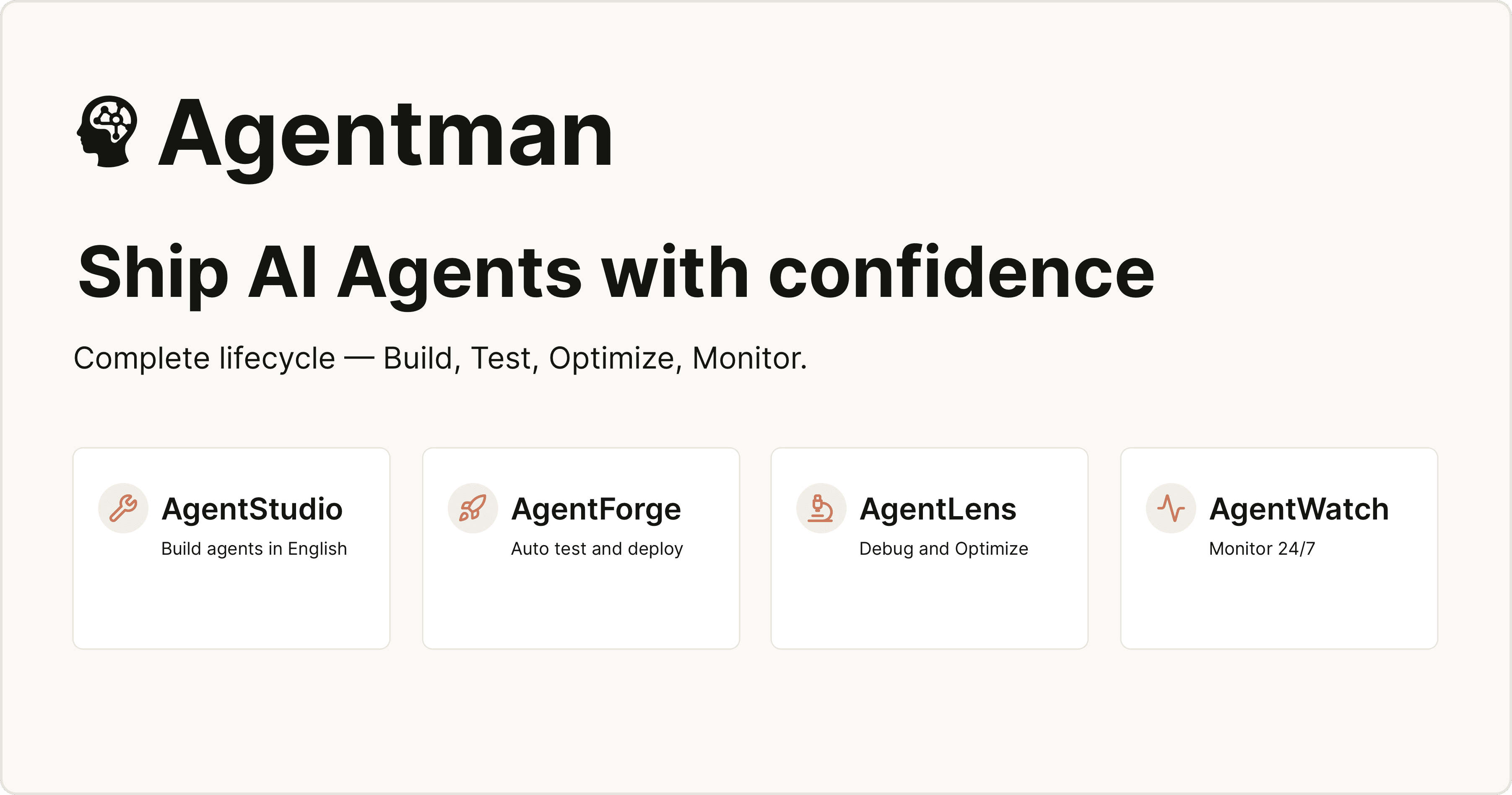 Agentman platform overview showing AgentStudio, AgentForge, AgentLens, and AgentWatch - Ship AI Agents with confidence