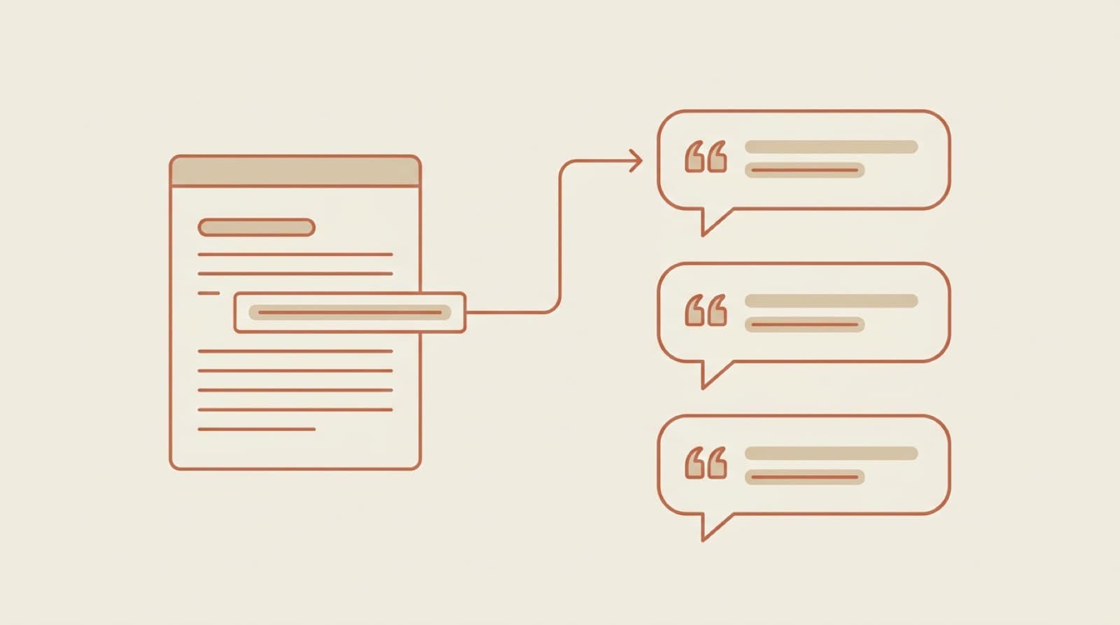 Flat editorial illustration of a web page being extracted into a citation inside an AI answer, with three answer-engine nodes representing ChatGPT, Gemini, and Claude
