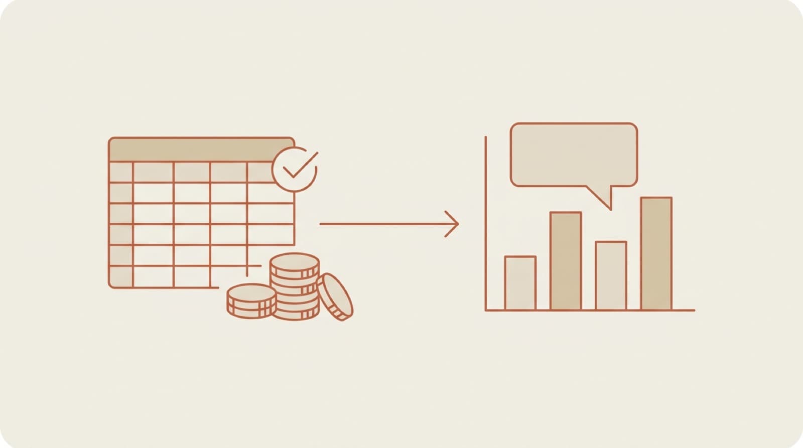 Flat editorial illustration of a ledger with a checkmark and coins (the close) flowing into a bar chart with a speech bubble (the narrative)