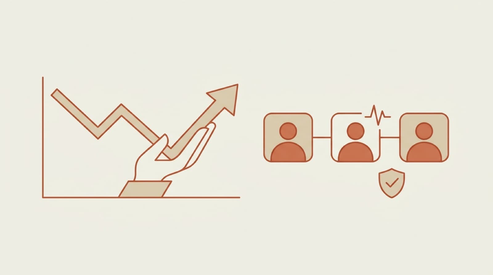 Flat editorial illustration of a downward churn line caught and turned upward, beside customer icons monitored for health, with a prevention shield