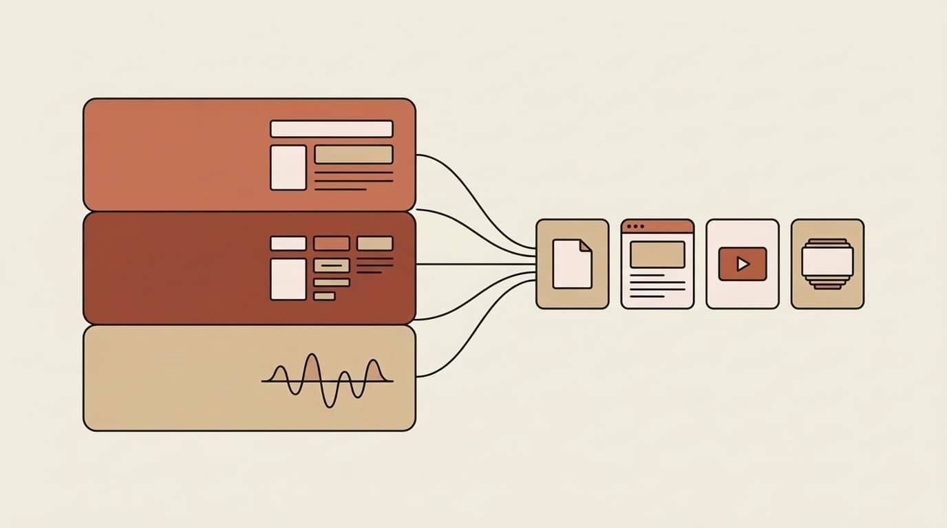 Flat editorial illustration of skill stacking — a voice skill, a content skill, and a format skill composing into one on-brand output