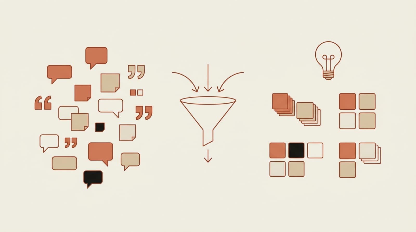 Flat editorial illustration of scattered interview quotes and sticky notes funneling into organized theme clusters with an insight lightbulb