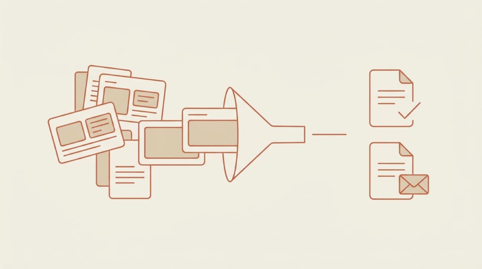 Flat editorial illustration of a stack of inbound pitch decks passing through a funnel into a sorted decision and a founder-response email