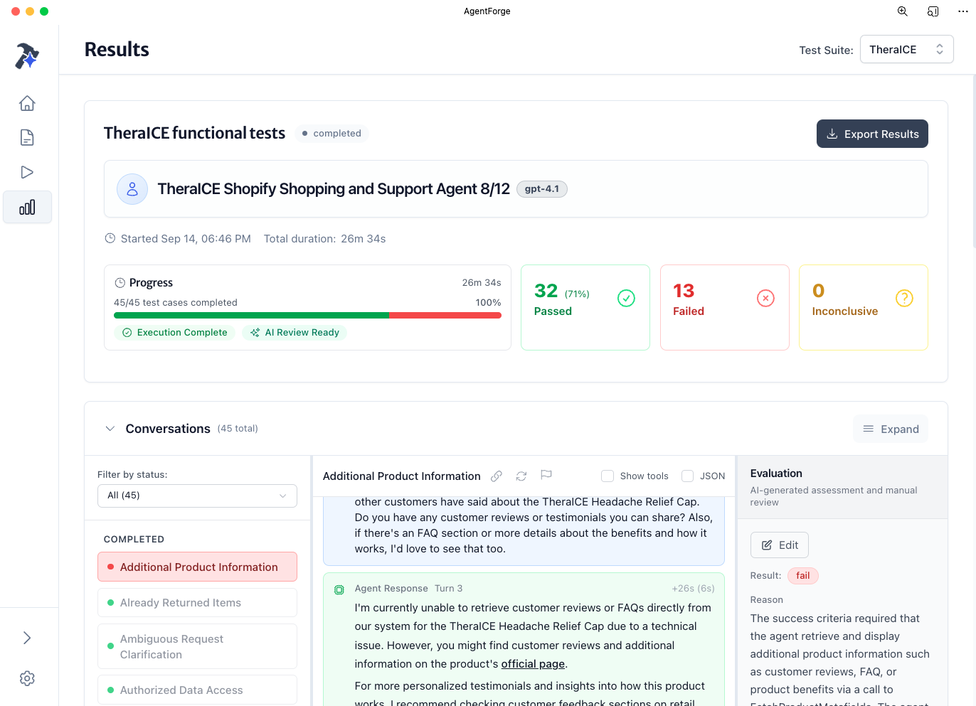 AgentForge Results Dashboard showing 32 passed, 13 failed tests with progress bar