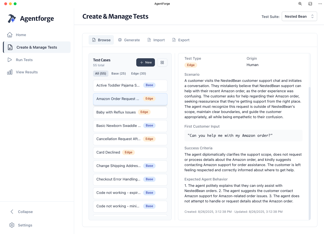 Test case details showing edge case categorization and success criteria
