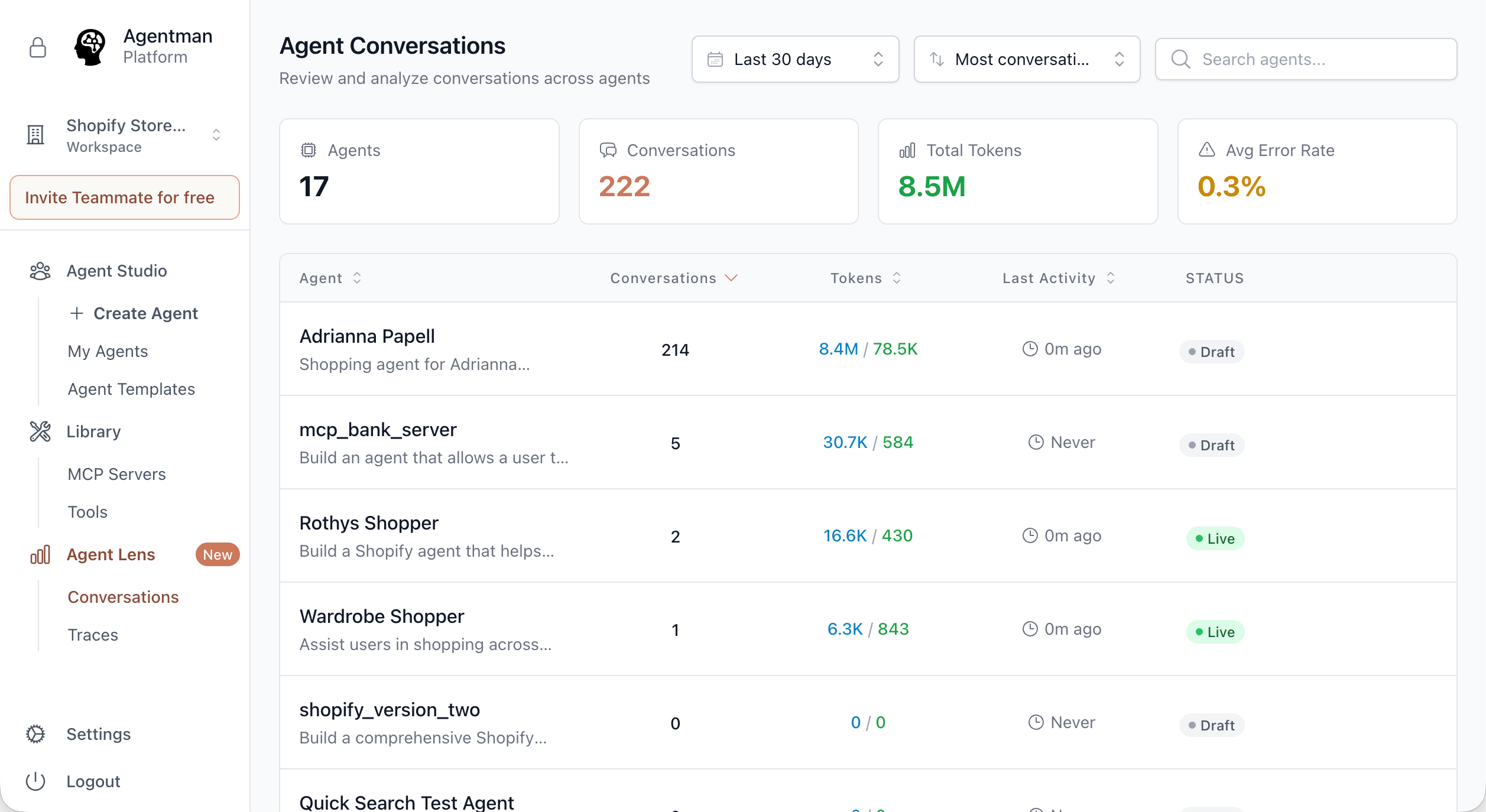 AgentLens conversations dashboard with agent list