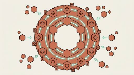 Flat design illustration of a healthcare AI flywheel with interconnected clinic nodes sharing knowledge across a network