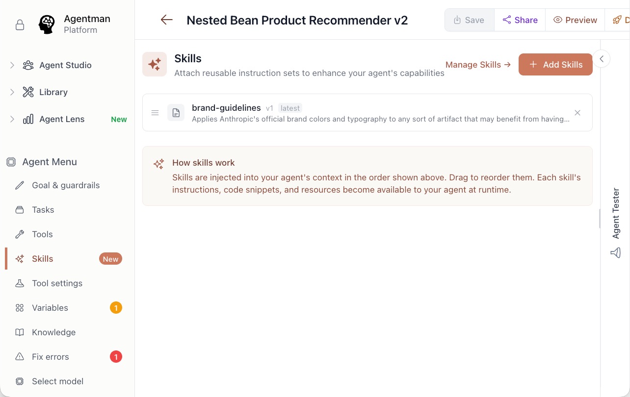 Agentman Studio - Adding Skills to Agents