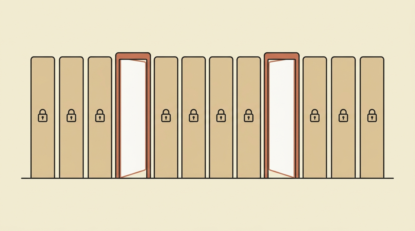 A row of many small tan door shapes, most closed with a small padlock, and a few open ones outlined in terracotta showing light through the doorway — vendors that gate the product behind a demo beside the few offering a self-serve trial.