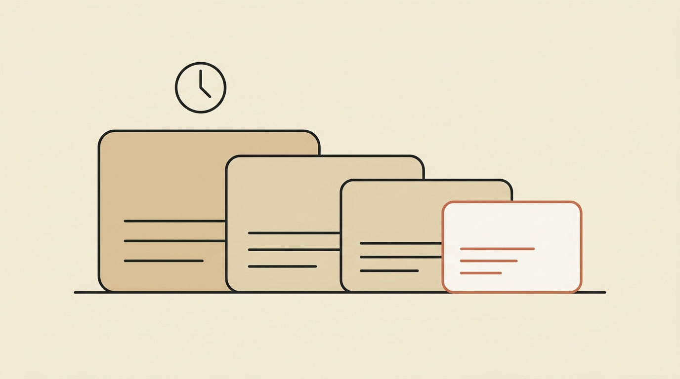 Four insurance cards in a row of increasing size representing rising cost per eligibility check, from a small terracotta-outlined card for an automated check to a large tan card for a manual phone call, with a clock icon above the largest.