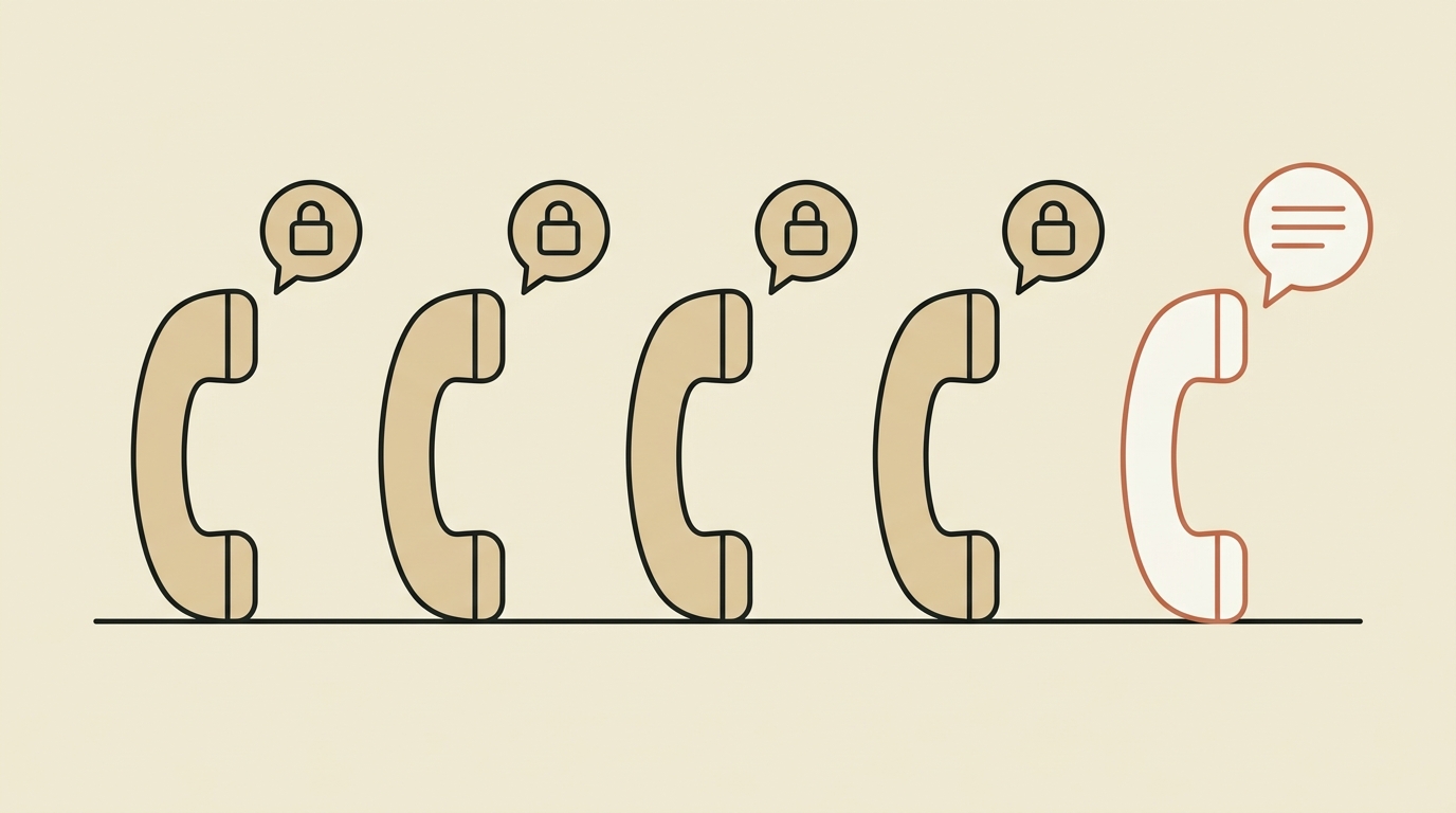 Five telephone handsets in a row. Four tan handsets each have a speech bubble containing a closed padlock; the fifth, outlined in terracotta, has a speech bubble showing visible price lines — the four healthcare voice AI vendors that quote privately beside the one that publishes its rate.