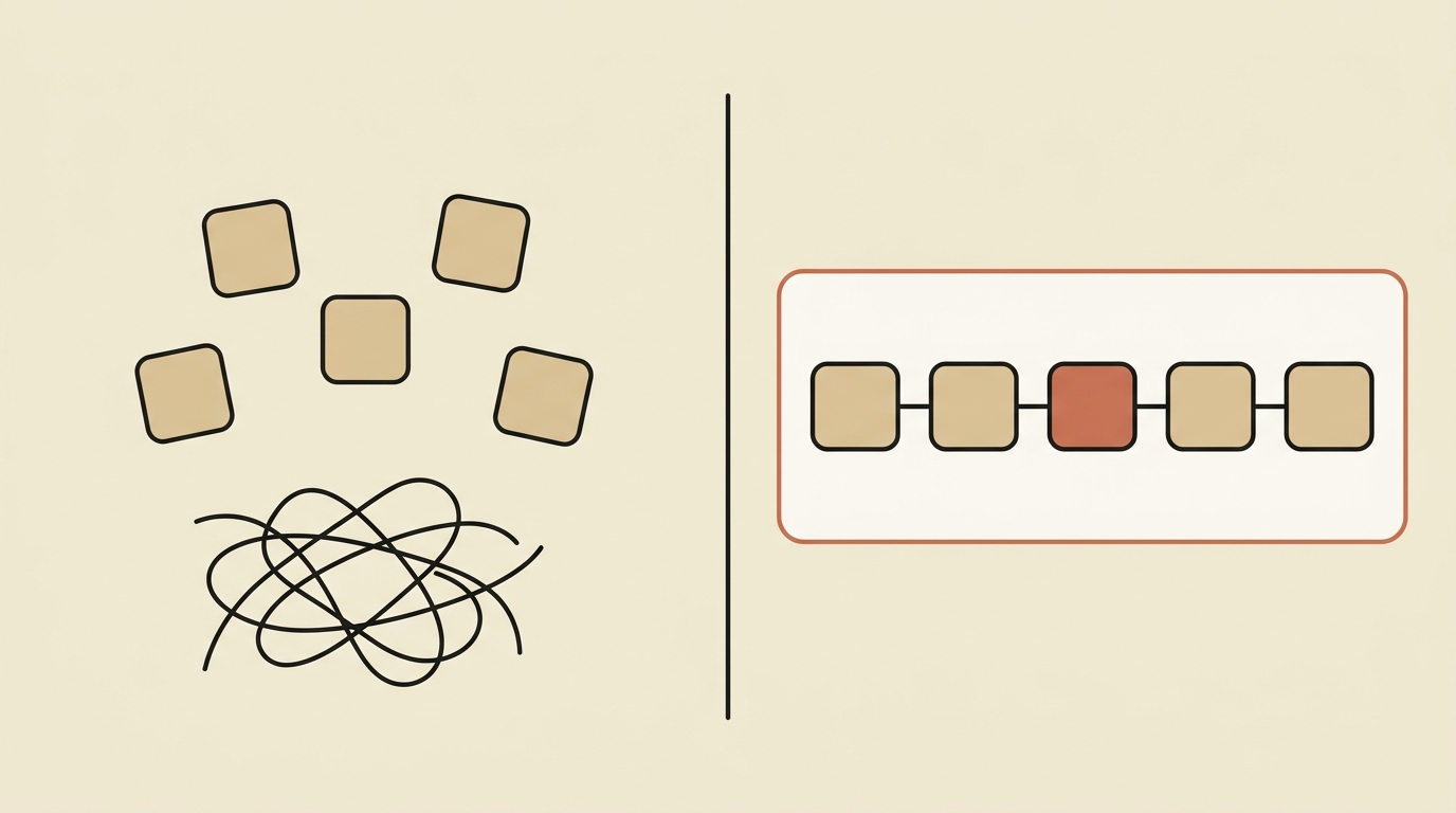 Split in two by a thin vertical line. On the left, five tan tiles scattered with no lines joining them, above a knot of tangled threads. On the right, one terracotta-outlined panel holding the same five tiles in a neat row, each joined to the next by a short straight line — five disconnected vendors beside one integrated system.
