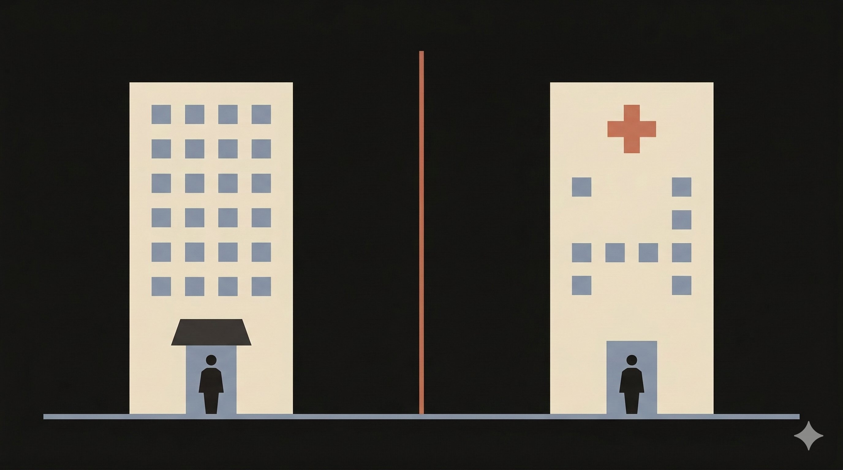 Side-by-side illustration comparing a hotel and a small medical practice, showing parallel operational workflows