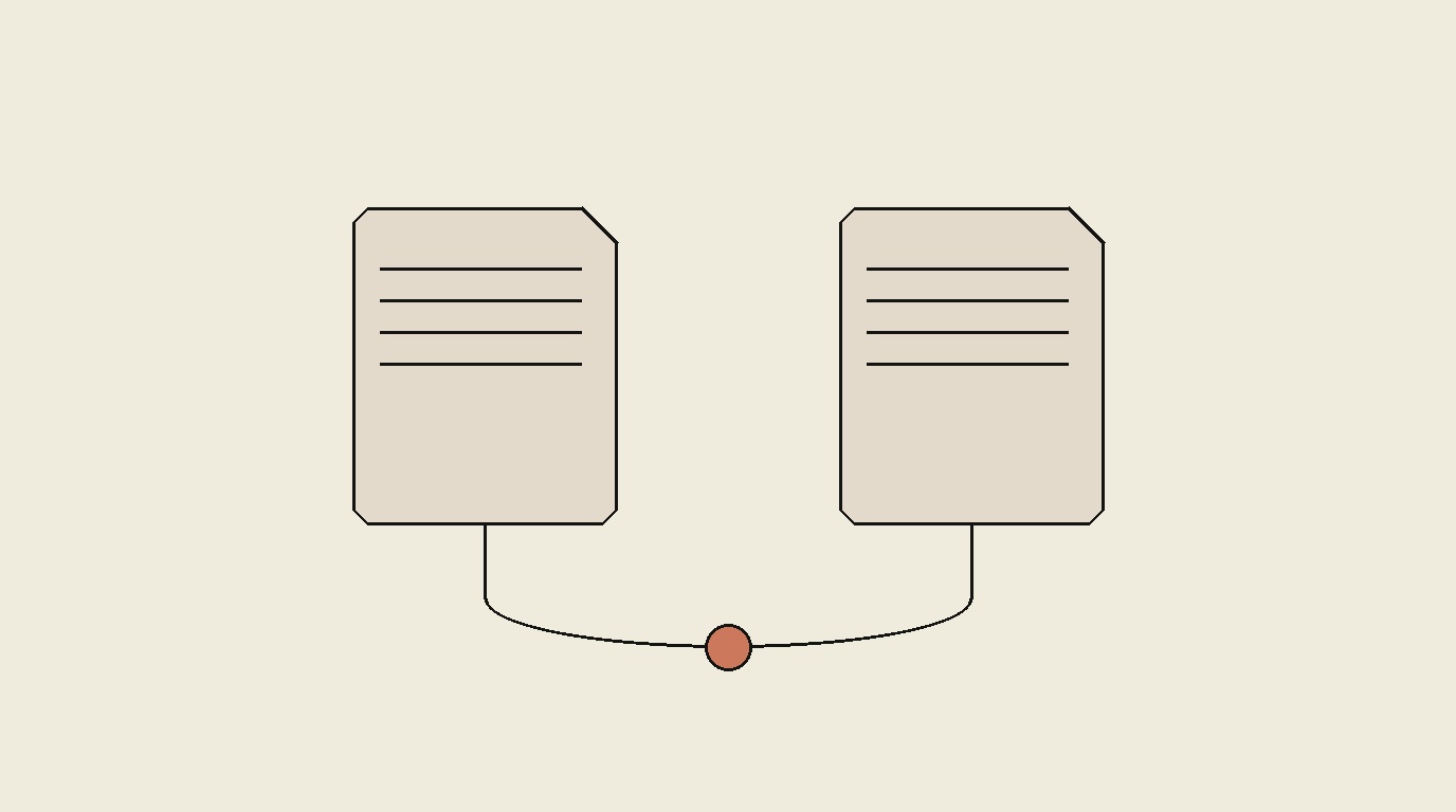 Two tan documents with folded corners sit side by side, joined beneath by a single thin charcoal line that loops from one to the other and back, with a small terracotta circle at the loop's midpoint — two separate pages describing one underlying event.