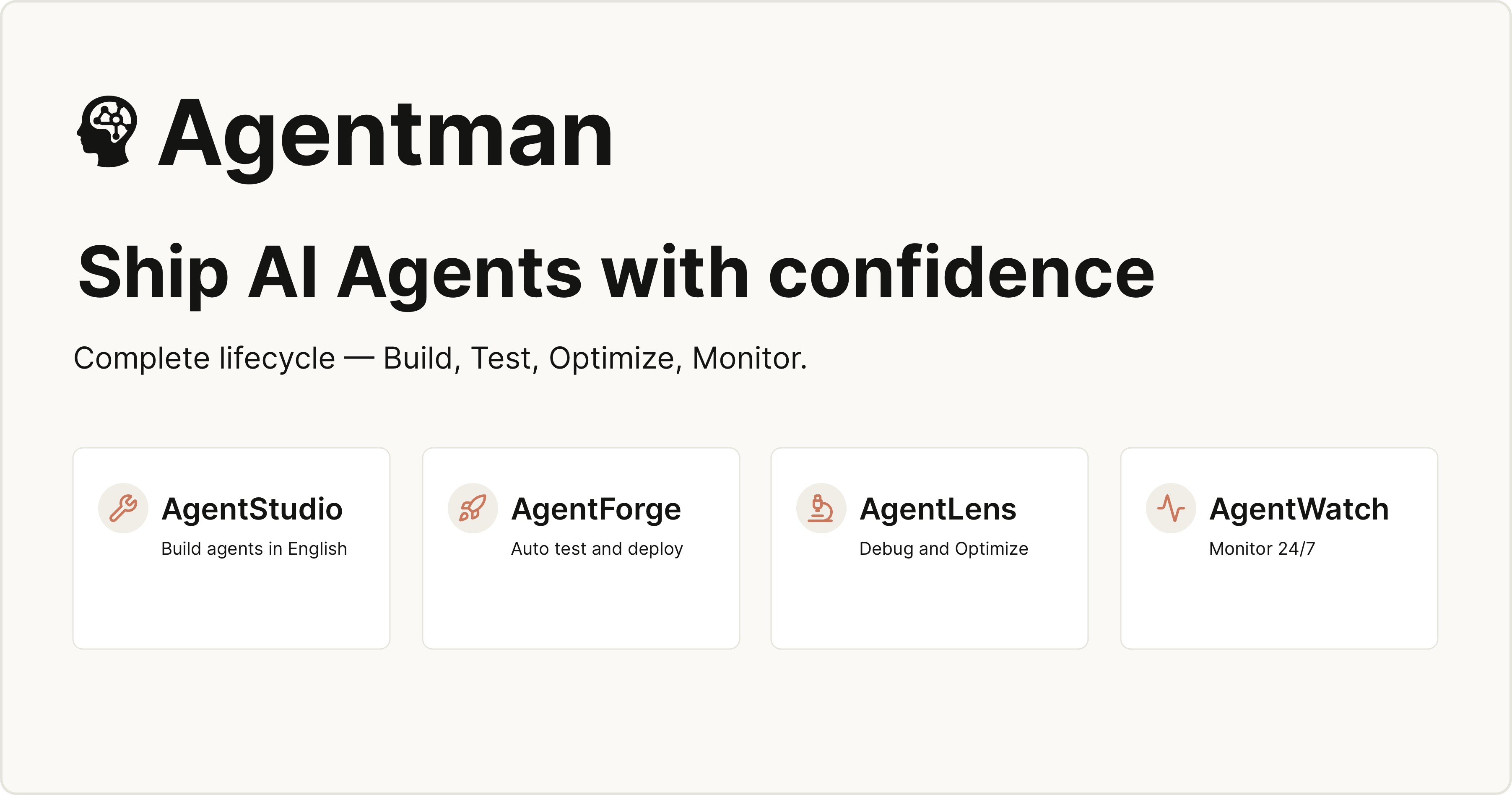 Agentman platform overview showing AgentStudio, AgentForge, AgentLens, and AgentWatch - Ship AI Agents with confidence