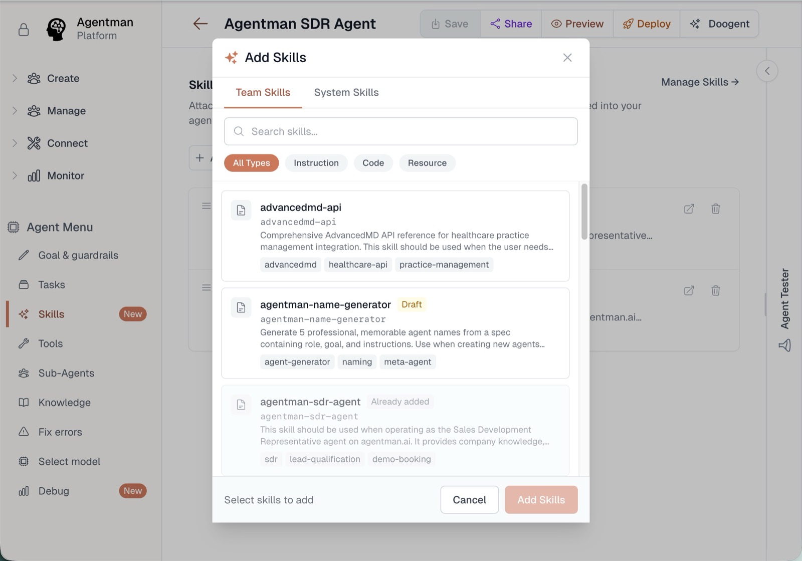 The Add Skills picker, with Team Skills and System Skills tabs, search, and selectable skill cards