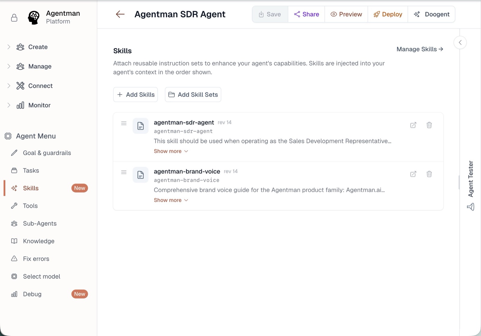 The agent editor's Skills tab, with Add Skills and Add Skill Sets buttons above the attached-skills list