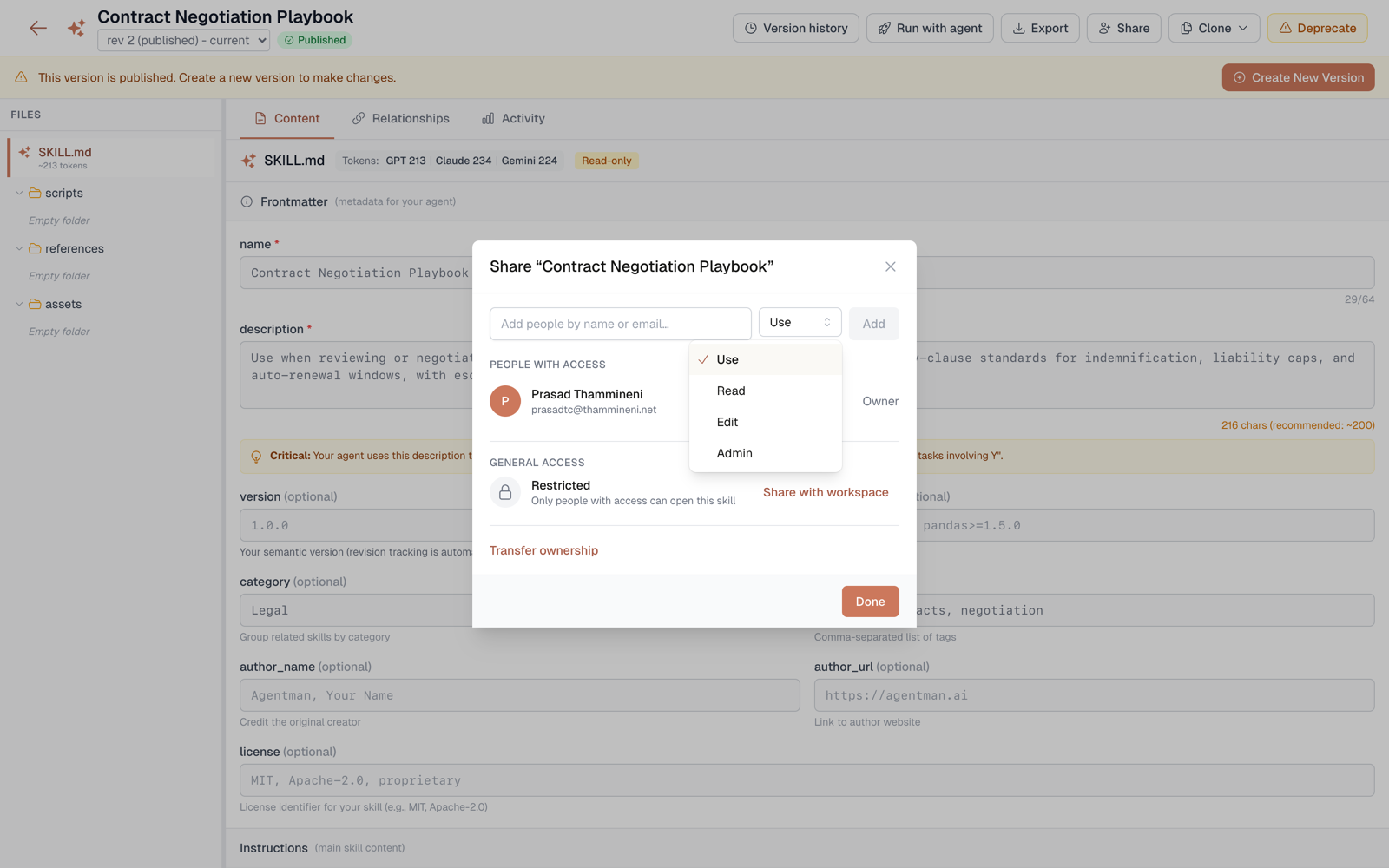 The share dialog: add people by name or email and choose an access level — use, read, edit, or admin
