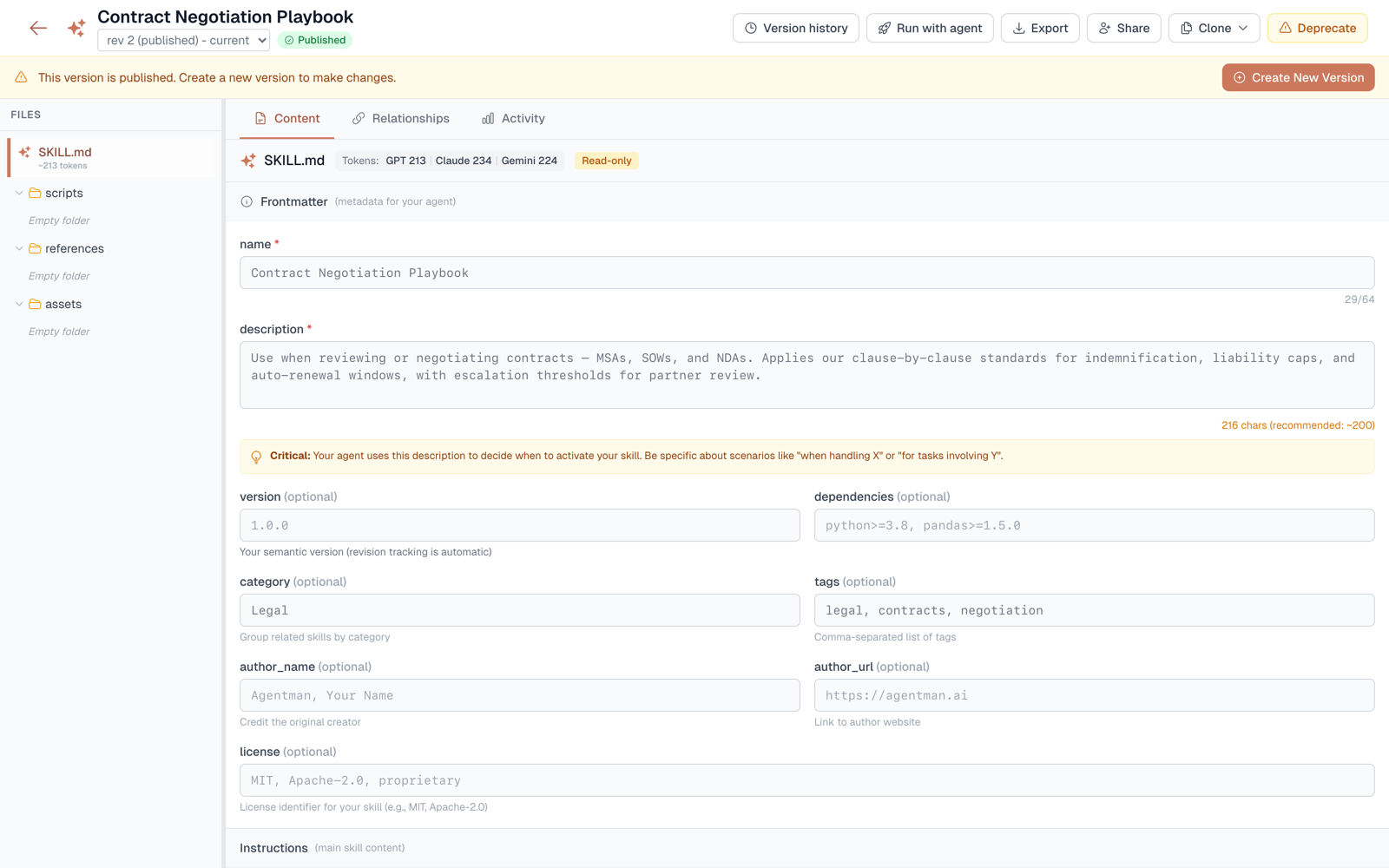 A new skill open in the editor — frontmatter form, Markdown instructions, and the file tree