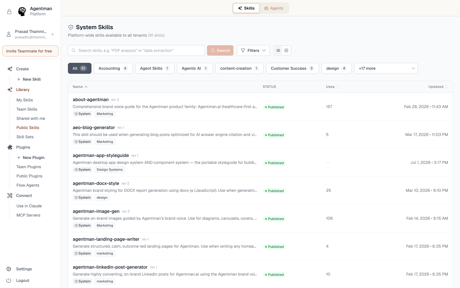 The skills library list view with search, filters, and category counts
