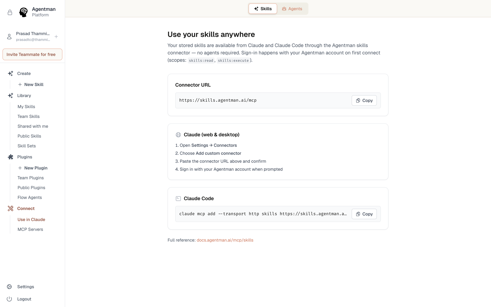 The Use Your Skills Anywhere page includes a copy-paste command for Claude Code