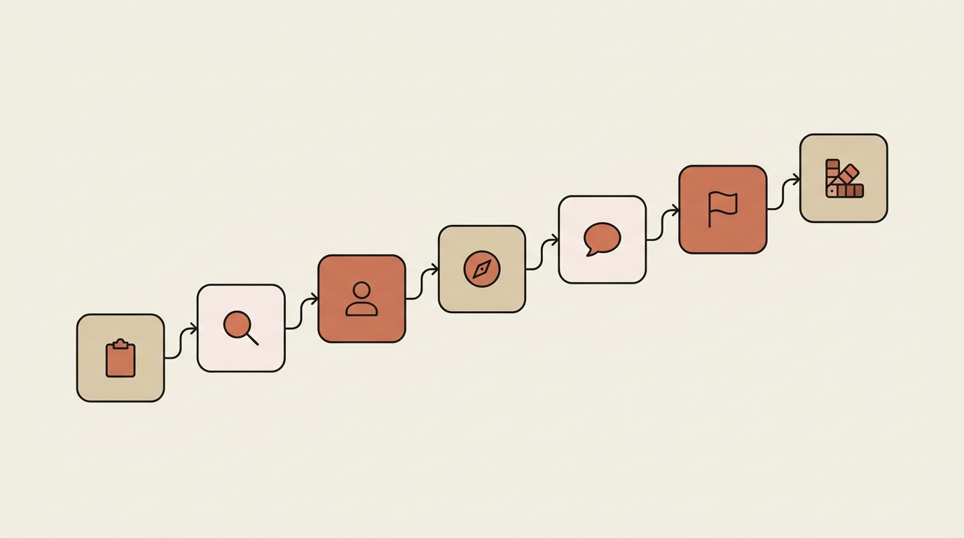 Flat editorial illustration of a seven-step brand workflow — intake, research, personas, strategy, voice, POV, and visual style — chained left to right