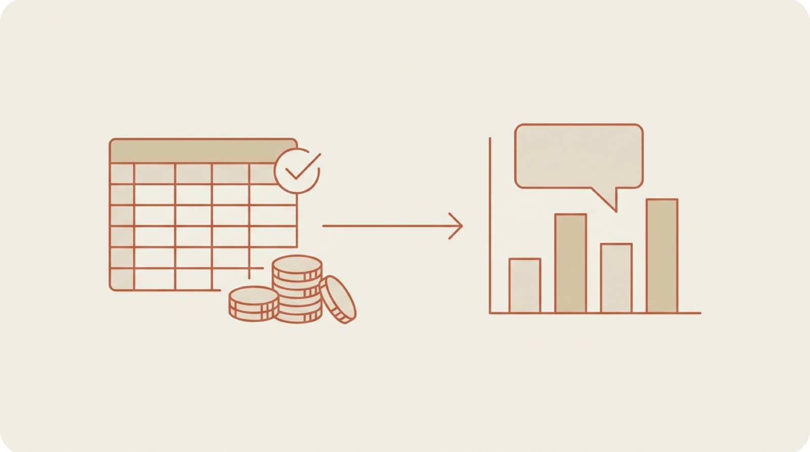 Flat editorial illustration of a ledger with a checkmark and coins (the close) flowing into a bar chart with a speech bubble (the narrative)