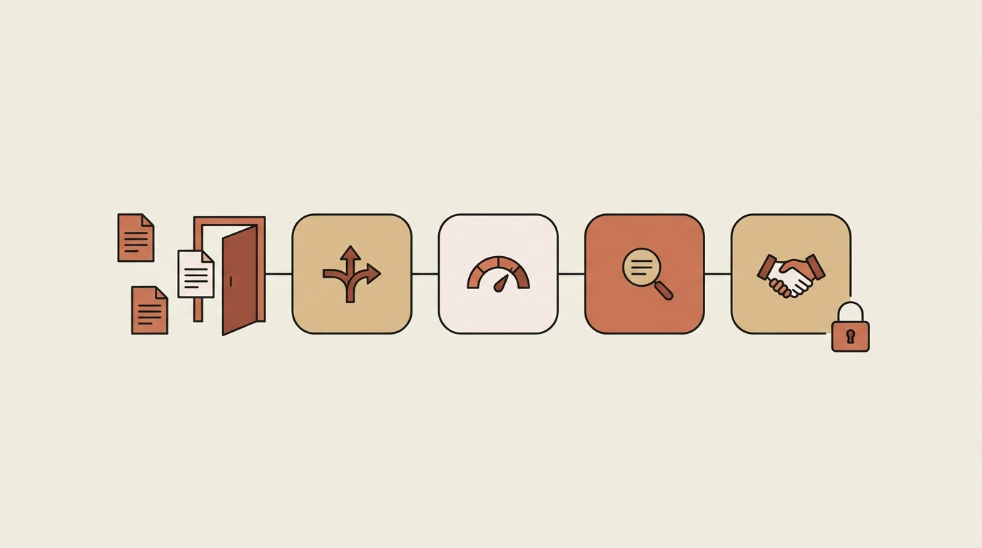Flat editorial illustration of contracts flowing through a front door into four chained steps — triage, risk scoring, analysis, and negotiation
