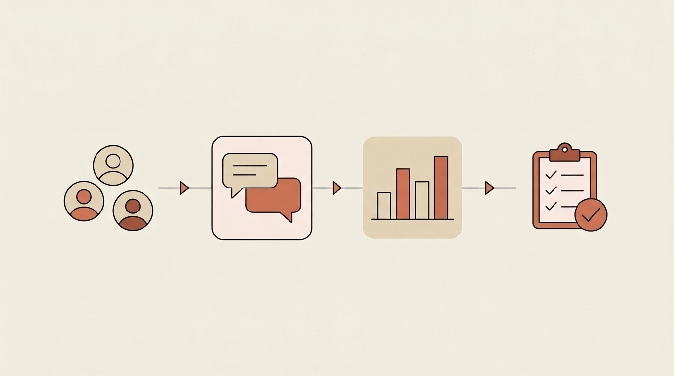 Flat editorial illustration of synthetic persona research — persona creation, interviews, cohort analysis, and turning insight into action