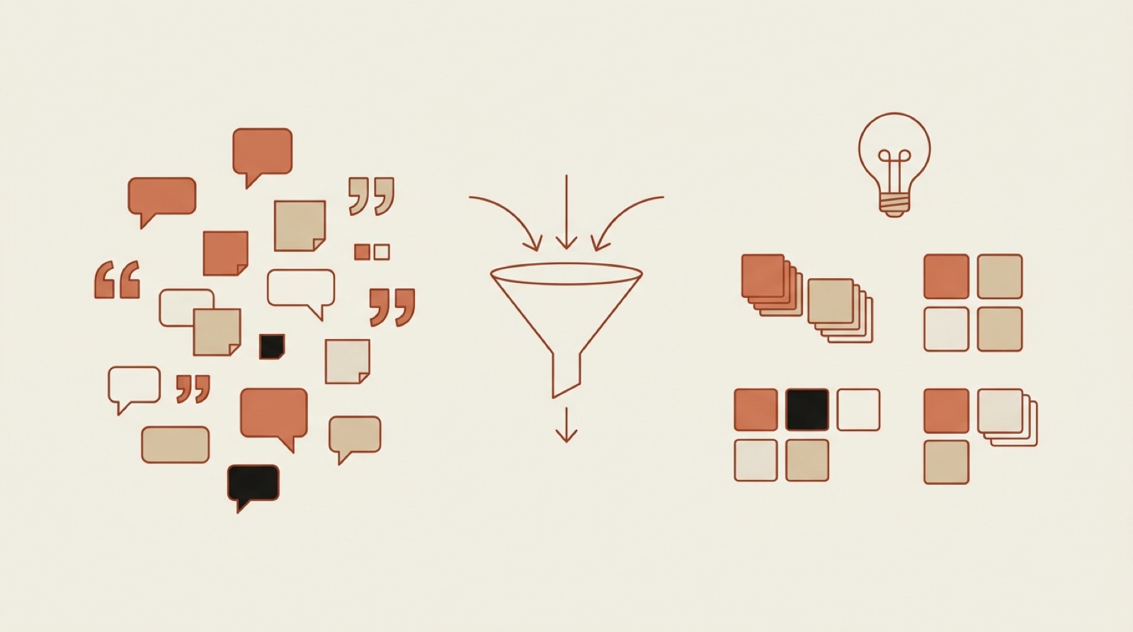 Flat editorial illustration of scattered interview quotes and sticky notes funneling into organized theme clusters with an insight lightbulb