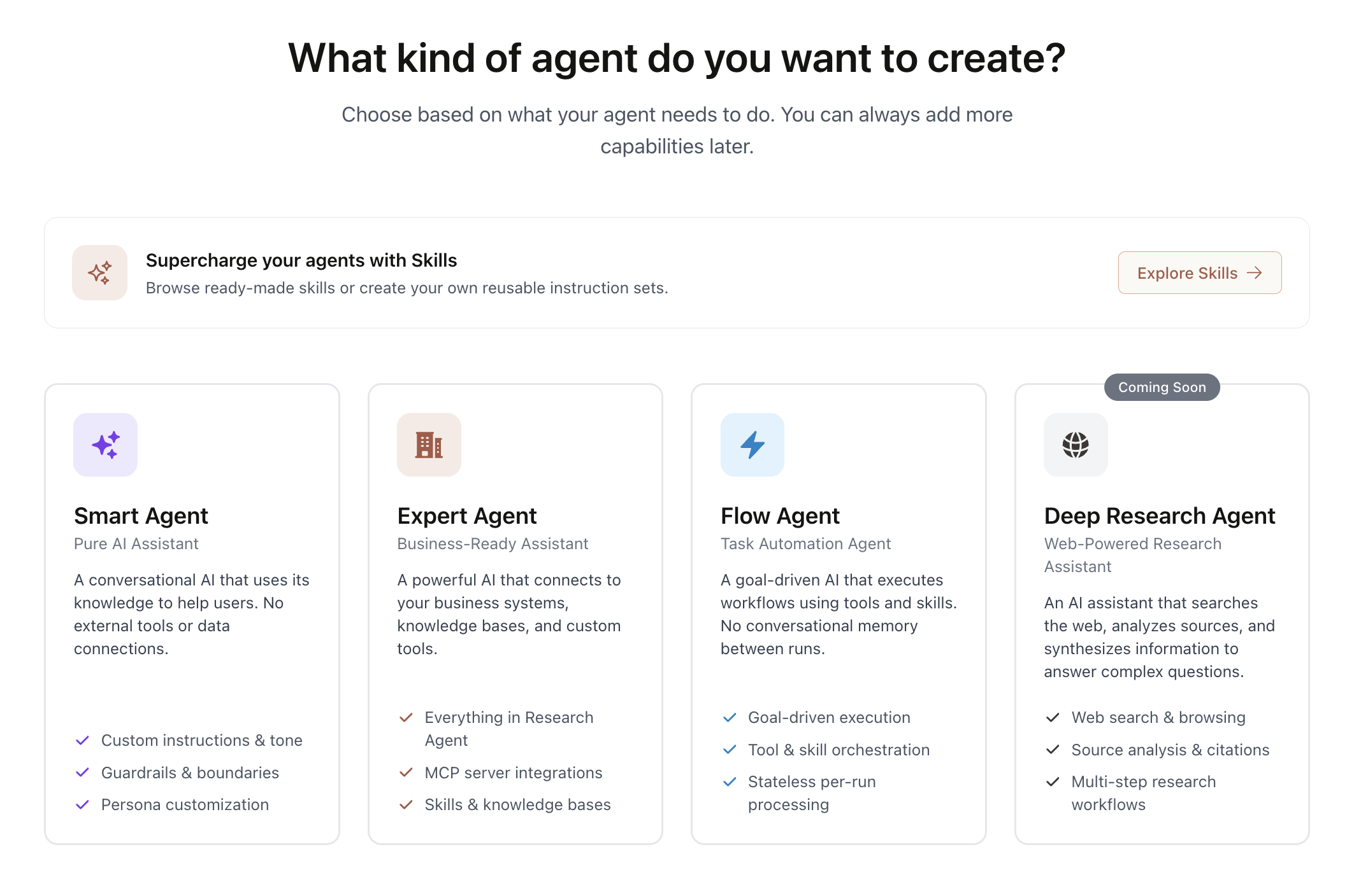 Agent Builder dashboard showing agent type selection with Smart Agent, Expert Agent, Flow Agent, and Deep Research Agent options